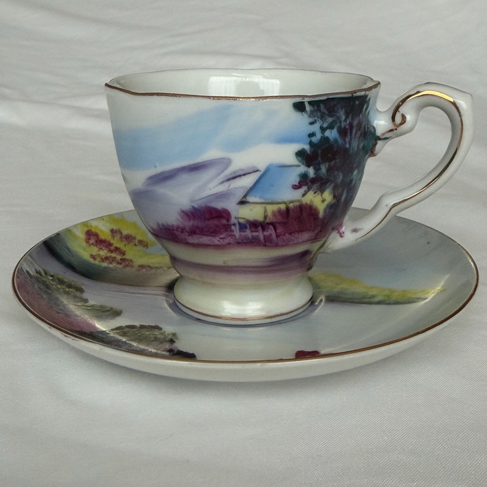 Vintage Ucagco Japan Handpainted Landscape Demitasse Teacup Saucer W/ Gold Trim